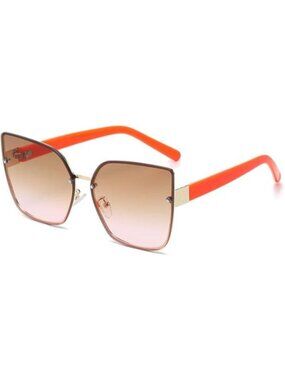 Oversized Orange Sunglasses Rimless Metal Frame with Gold Accents UV Protection